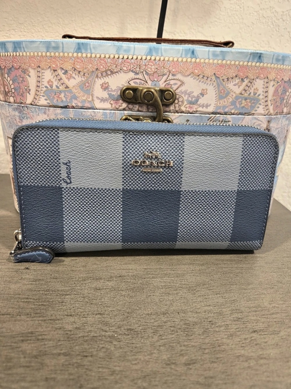 Coach Women’s Blue Checkered Zip-Around Wallet with Zipper, Credit Card